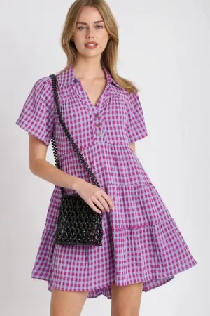 Hazel Blues® | Umgee Gingham Tiered Button Detail Short Sleeve Dress