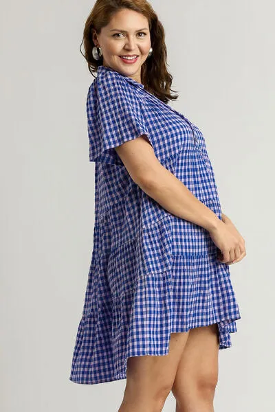 Hazel Blues® | Umgee Gingham Tiered Button Detail Short Sleeve Dress