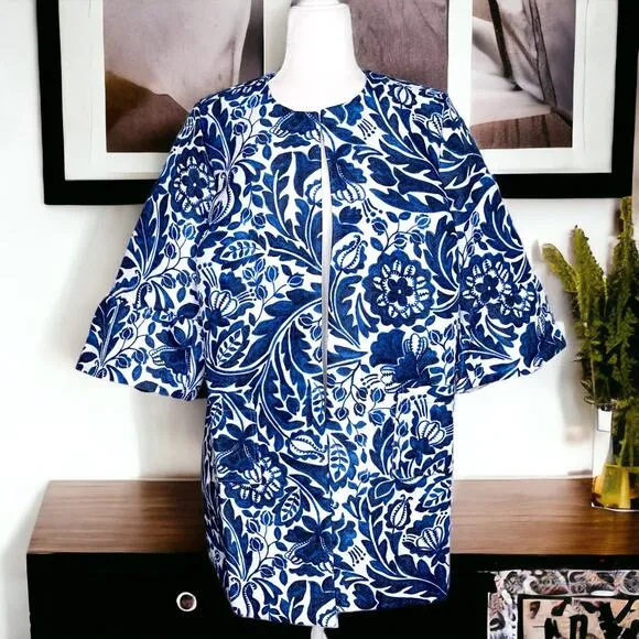 Jessica London Tulip Sleeve Jacket Blue White Floral 14W