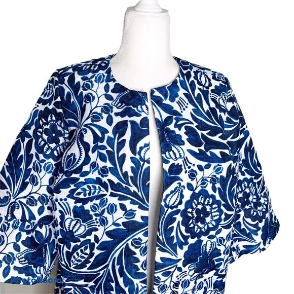 Jessica London Tulip Sleeve Jacket Blue White Floral 14W