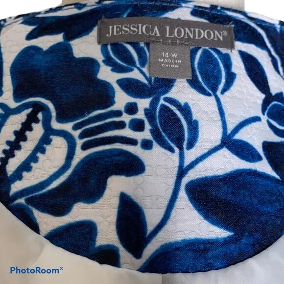 Jessica London Tulip Sleeve Jacket Blue White Floral 14W