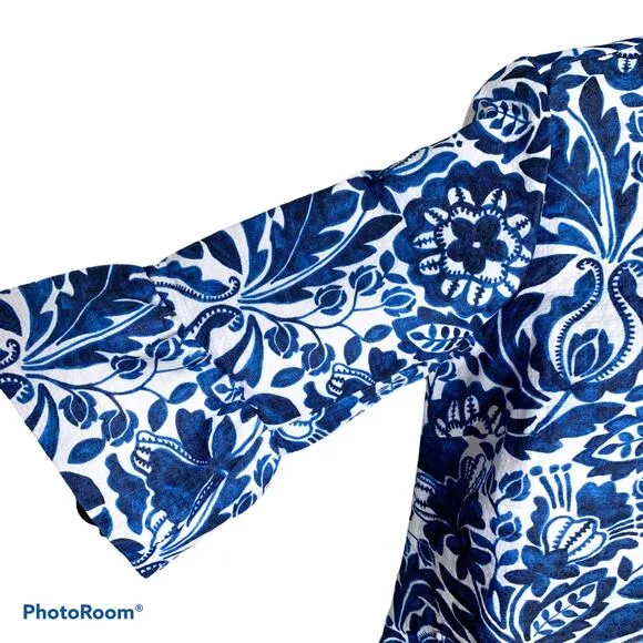 Jessica London Tulip Sleeve Jacket Blue White Floral 14W
