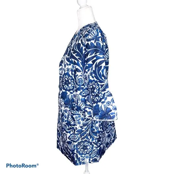 Jessica London Tulip Sleeve Jacket Blue White Floral 14W