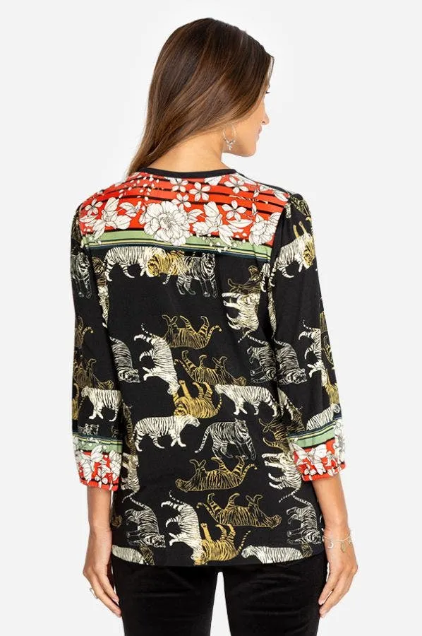 Johnny Was Teeger Knit Puff Sleeve Long Top Tee Shirt Zebra Animal Black NEW
