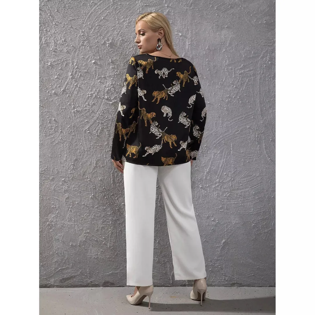 Johnny Was Teeger Knit Puff Sleeve Long Top Tee Shirt Zebra Animal Black NEW