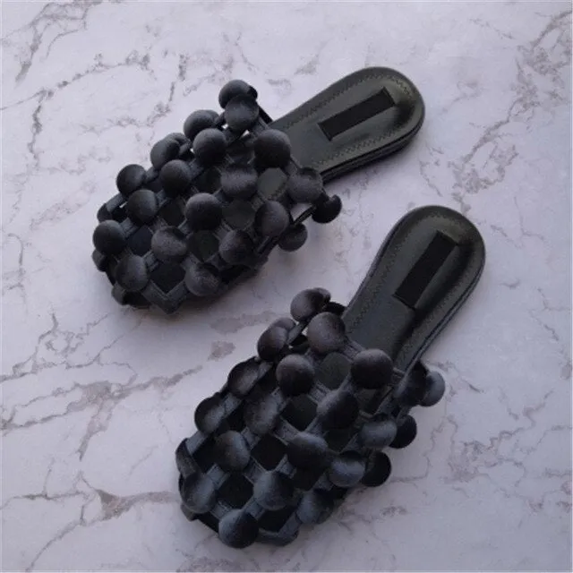 KF Amelia Mules Summer Shoes Woman Leather Slippers Hollow Crystal Slides Designer Beach Ladies Beading Sandals Zapatos De Mujer