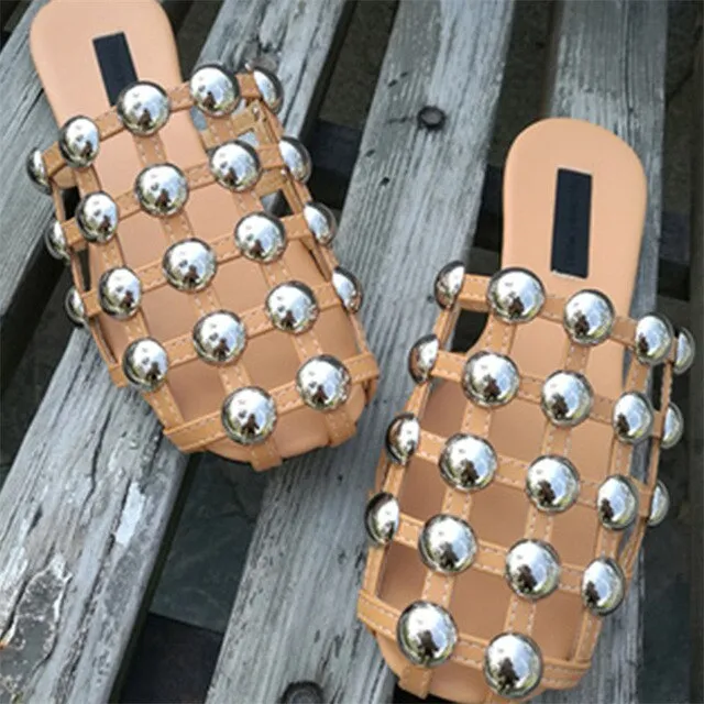 KF Amelia Mules Summer Shoes Woman Leather Slippers Hollow Crystal Slides Designer Beach Ladies Beading Sandals Zapatos De Mujer