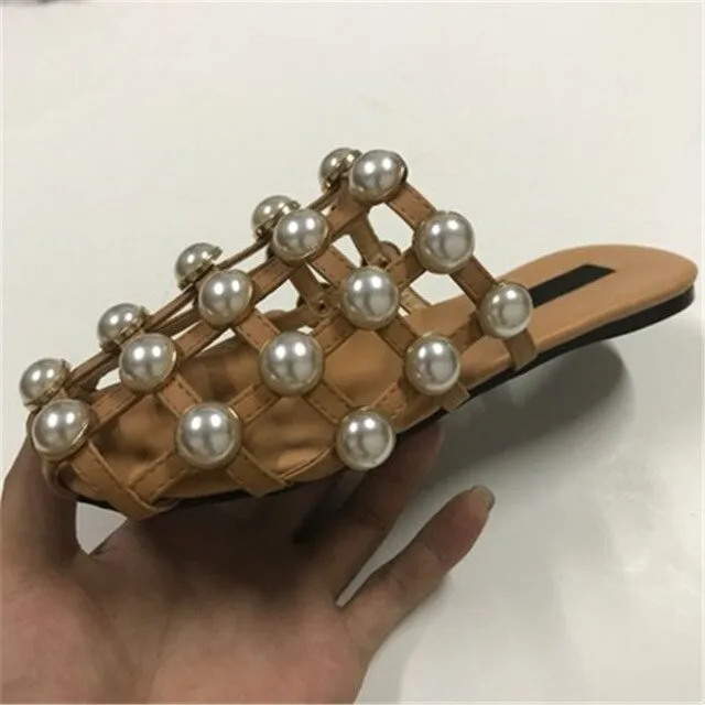 KF Amelia Mules Summer Shoes Woman Leather Slippers Hollow Crystal Slides Designer Beach Ladies Beading Sandals Zapatos De Mujer