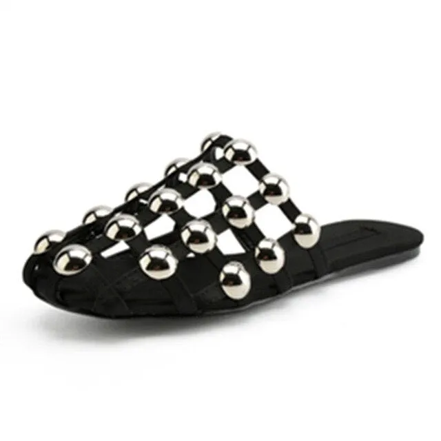 KF Amelia Mules Summer Shoes Woman Leather Slippers Hollow Crystal Slides Designer Beach Ladies Beading Sandals Zapatos De Mujer