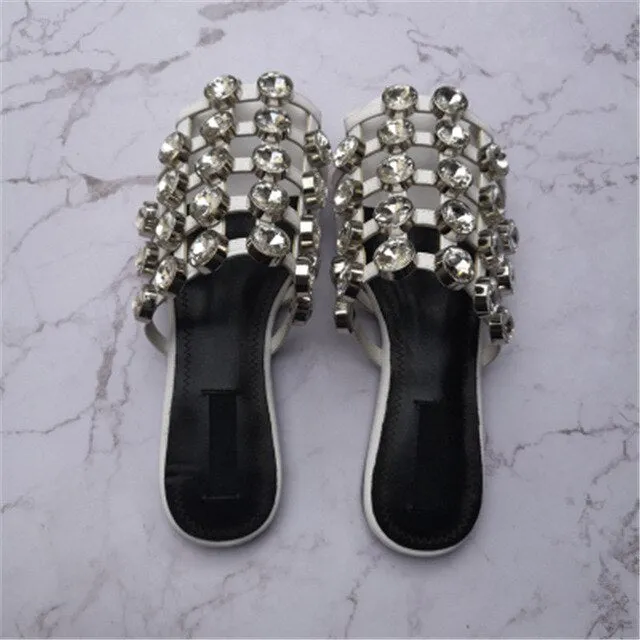 KF Amelia Mules Summer Shoes Woman Leather Slippers Hollow Crystal Slides Designer Beach Ladies Beading Sandals Zapatos De Mujer