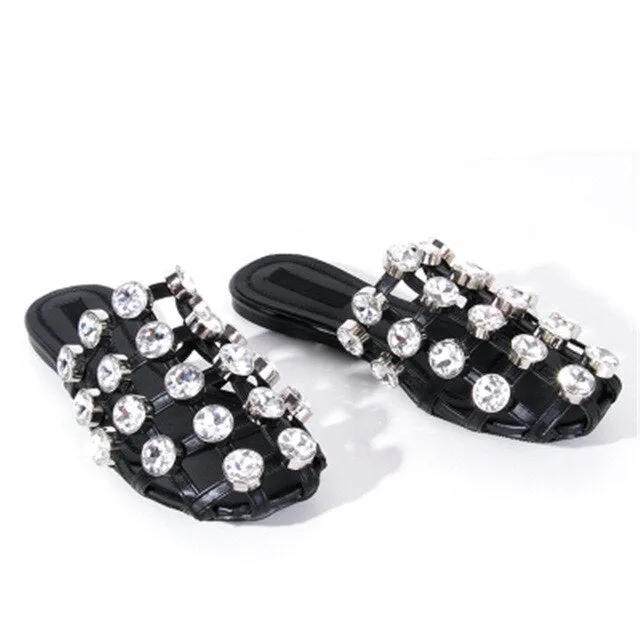 KF Amelia Mules Summer Shoes Woman Leather Slippers Hollow Crystal Slides Designer Beach Ladies Beading Sandals Zapatos De Mujer