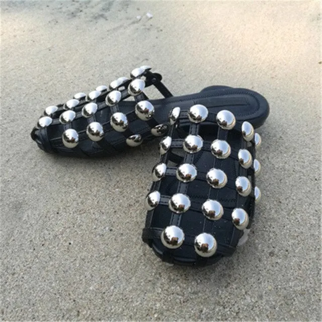 KF Amelia Mules Summer Shoes Woman Leather Slippers Hollow Crystal Slides Designer Beach Ladies Beading Sandals Zapatos De Mujer
