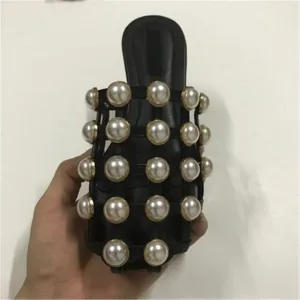 KF Amelia Mules Summer Shoes Woman Leather Slippers Hollow Crystal Slides Designer Beach Ladies Beading Sandals Zapatos De Mujer