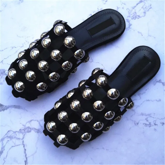 KF Amelia Mules Summer Shoes Woman Leather Slippers Hollow Crystal Slides Designer Beach Ladies Beading Sandals Zapatos De Mujer