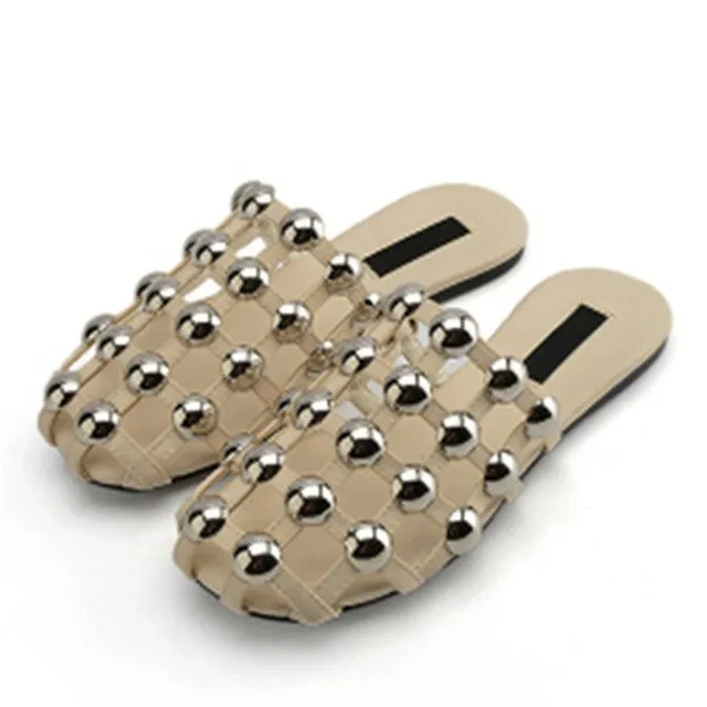 KF Amelia Mules Summer Shoes Woman Leather Slippers Hollow Crystal Slides Designer Beach Ladies Beading Sandals Zapatos De Mujer