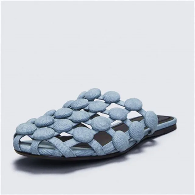 KF Amelia Mules Summer Shoes Woman Leather Slippers Hollow Crystal Slides Designer Beach Ladies Beading Sandals Zapatos De Mujer