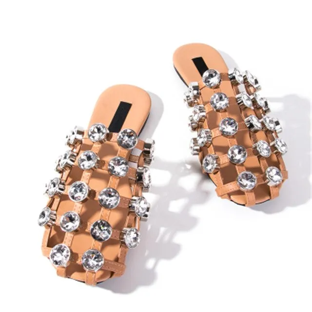 KF Amelia Mules Summer Shoes Woman Leather Slippers Hollow Crystal Slides Designer Beach Ladies Beading Sandals Zapatos De Mujer