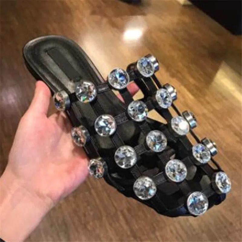KF Amelia Mules Summer Shoes Woman Leather Slippers Hollow Crystal Slides Designer Beach Ladies Beading Sandals Zapatos De Mujer