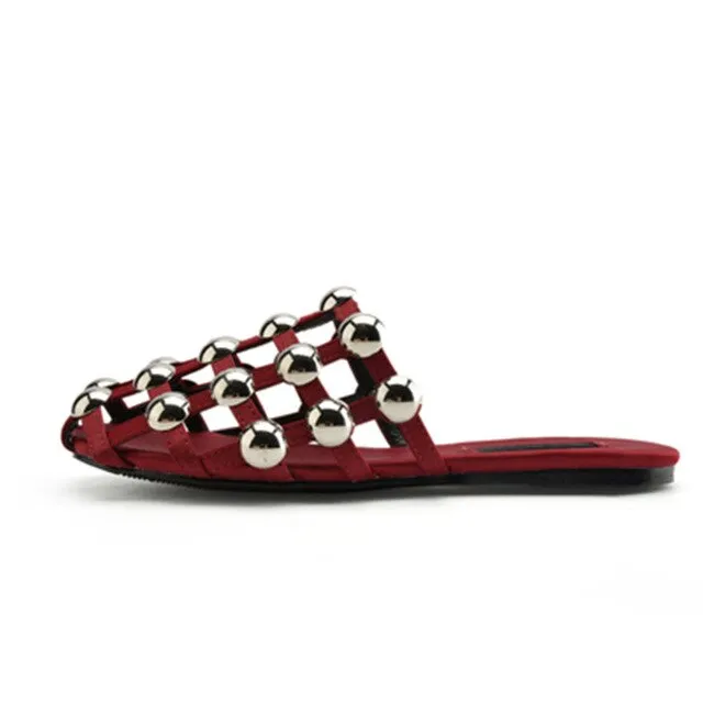 KF Amelia Mules Summer Shoes Woman Leather Slippers Hollow Crystal Slides Designer Beach Ladies Beading Sandals Zapatos De Mujer