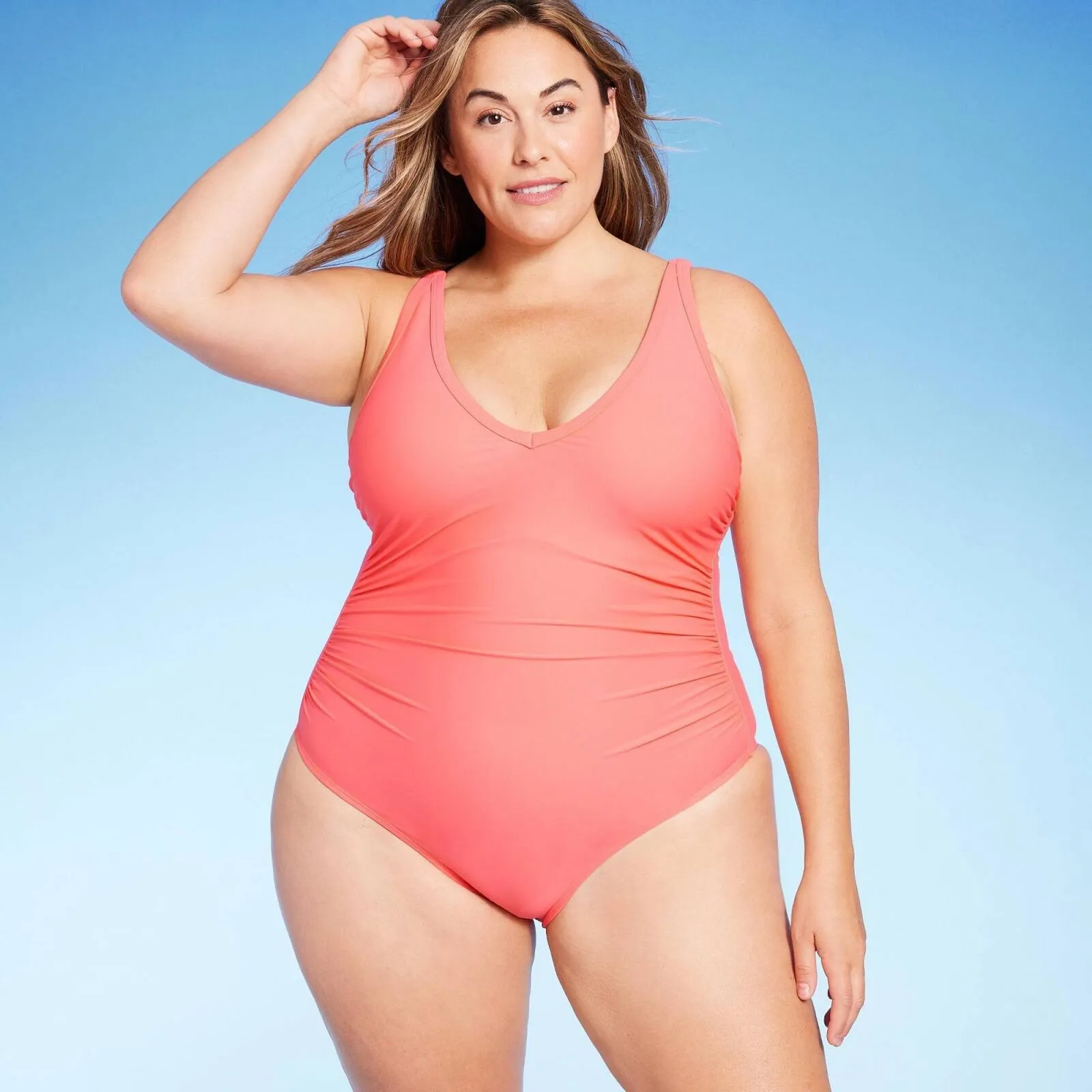 Kona Sol Women's Plus Size V-Neck High Leg One Piece Swimsuit Peach 14W