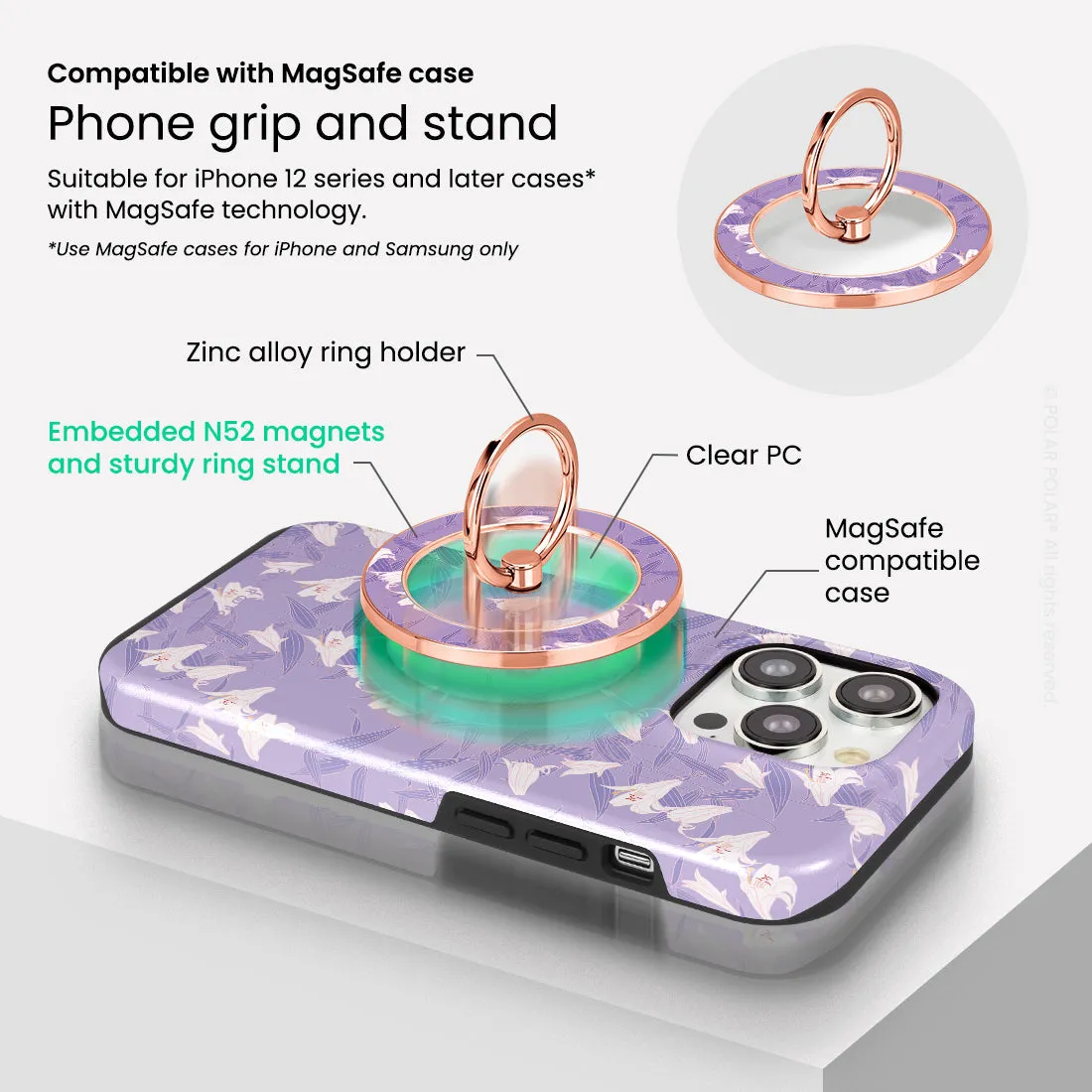 Lavender Lily - Rose Gold MagSafe Phone Grip and Ring Holder Stand