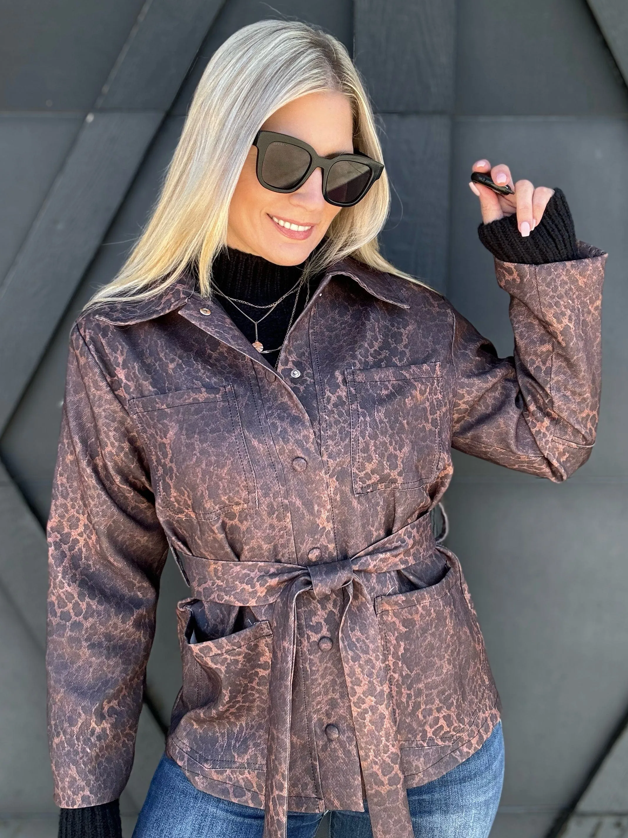 Leopard Belted Jacket In Brown