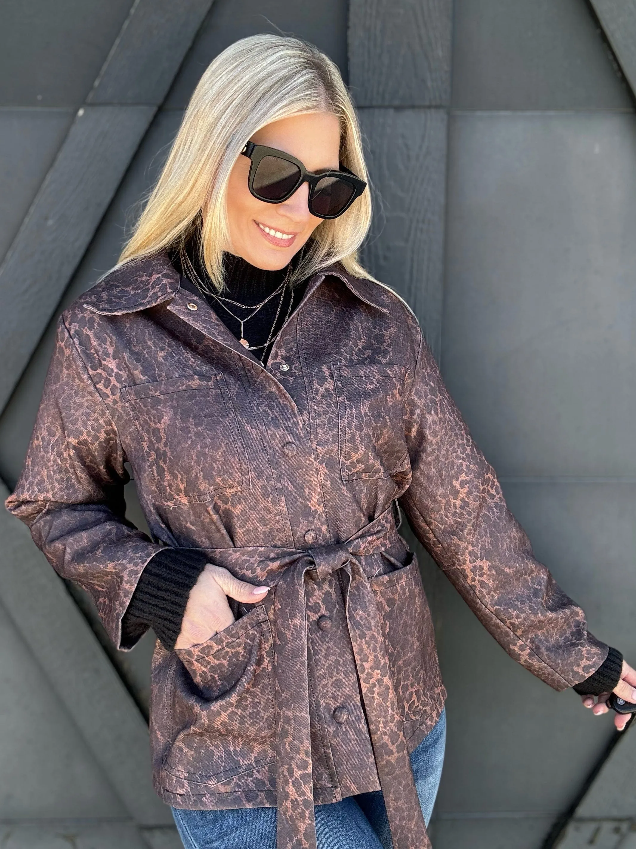 Leopard Belted Jacket In Brown