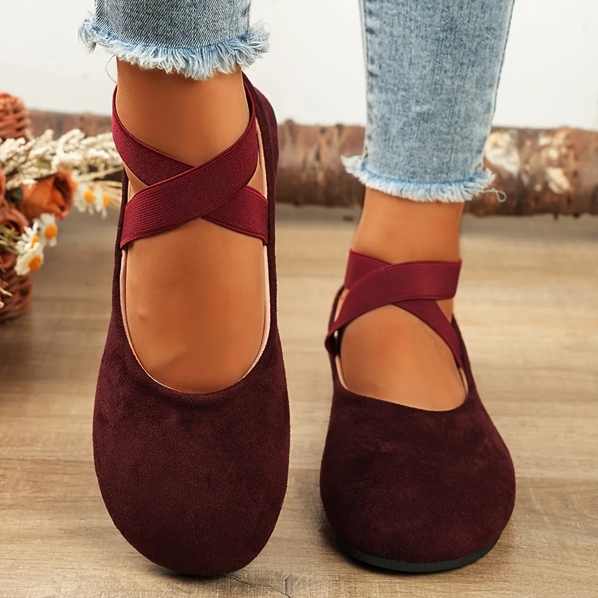 Lightweight Solid Color Ballet Flats - Round Toe Slip-On Shoes with Ankle Strap