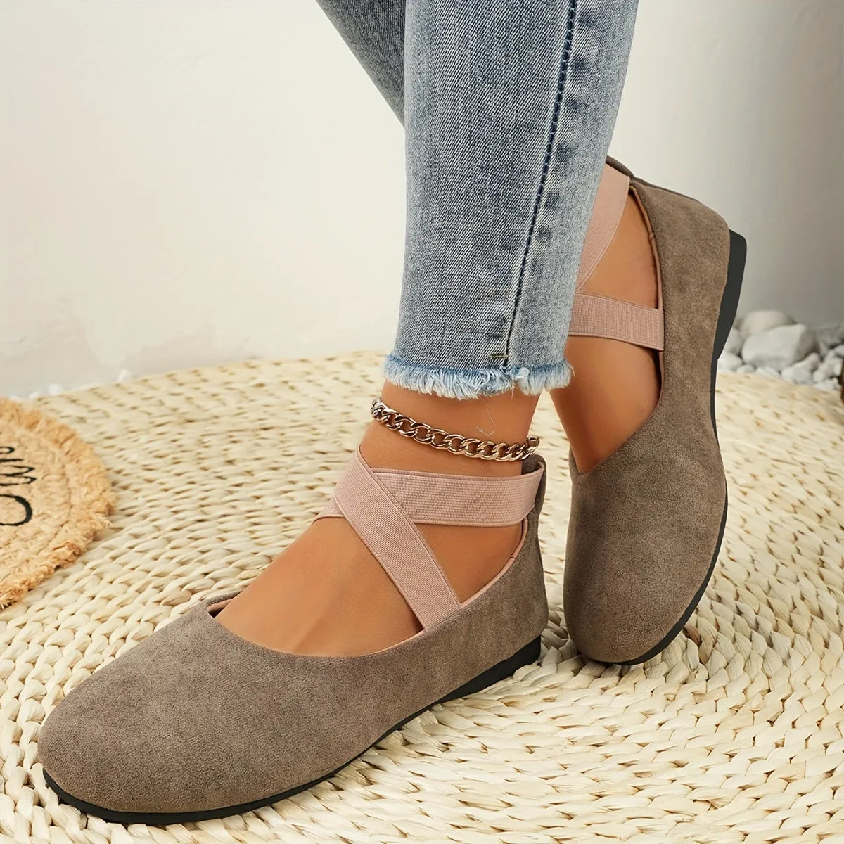 Lightweight Solid Color Ballet Flats - Round Toe Slip-On Shoes with Ankle Strap