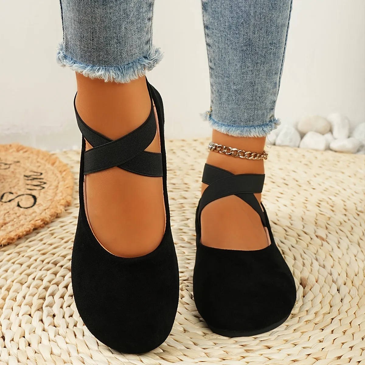 Lightweight Solid Color Ballet Flats - Round Toe Slip-On Shoes with Ankle Strap