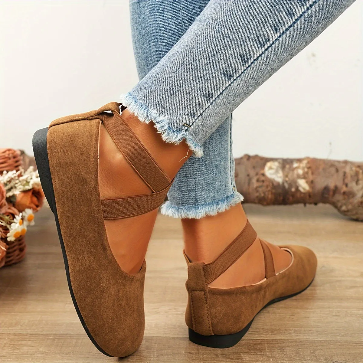 Lightweight Solid Color Ballet Flats - Round Toe Slip-On Shoes with Ankle Strap