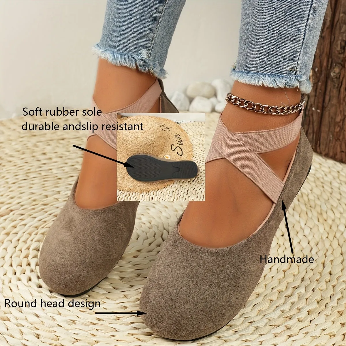 Lightweight Solid Color Ballet Flats - Round Toe Slip-On Shoes with Ankle Strap