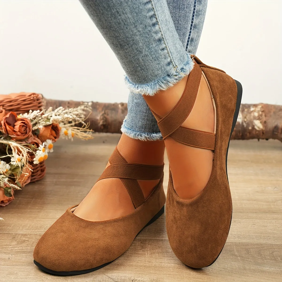 Lightweight Solid Color Ballet Flats - Round Toe Slip-On Shoes with Ankle Strap