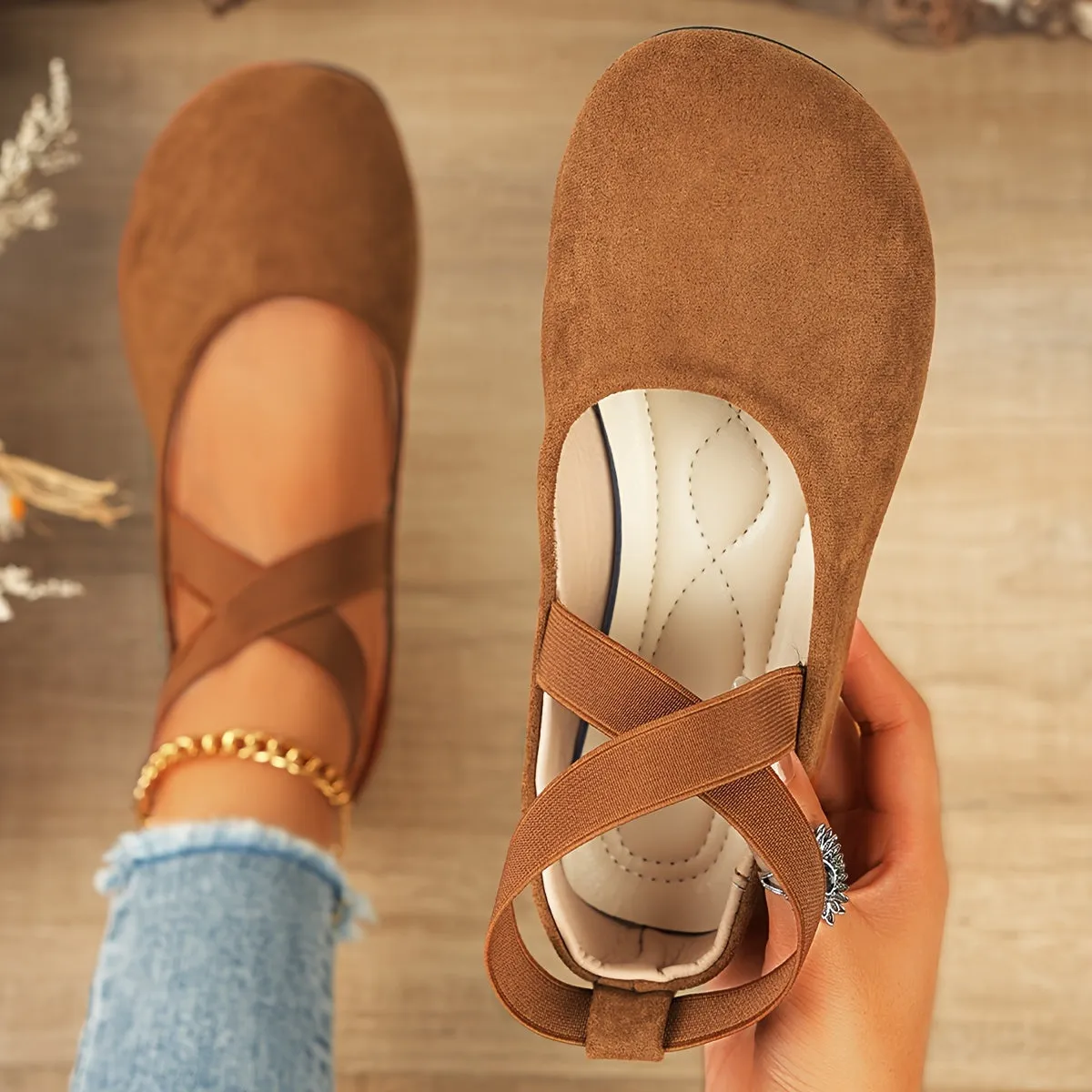 Lightweight Solid Color Ballet Flats - Round Toe Slip-On Shoes with Ankle Strap