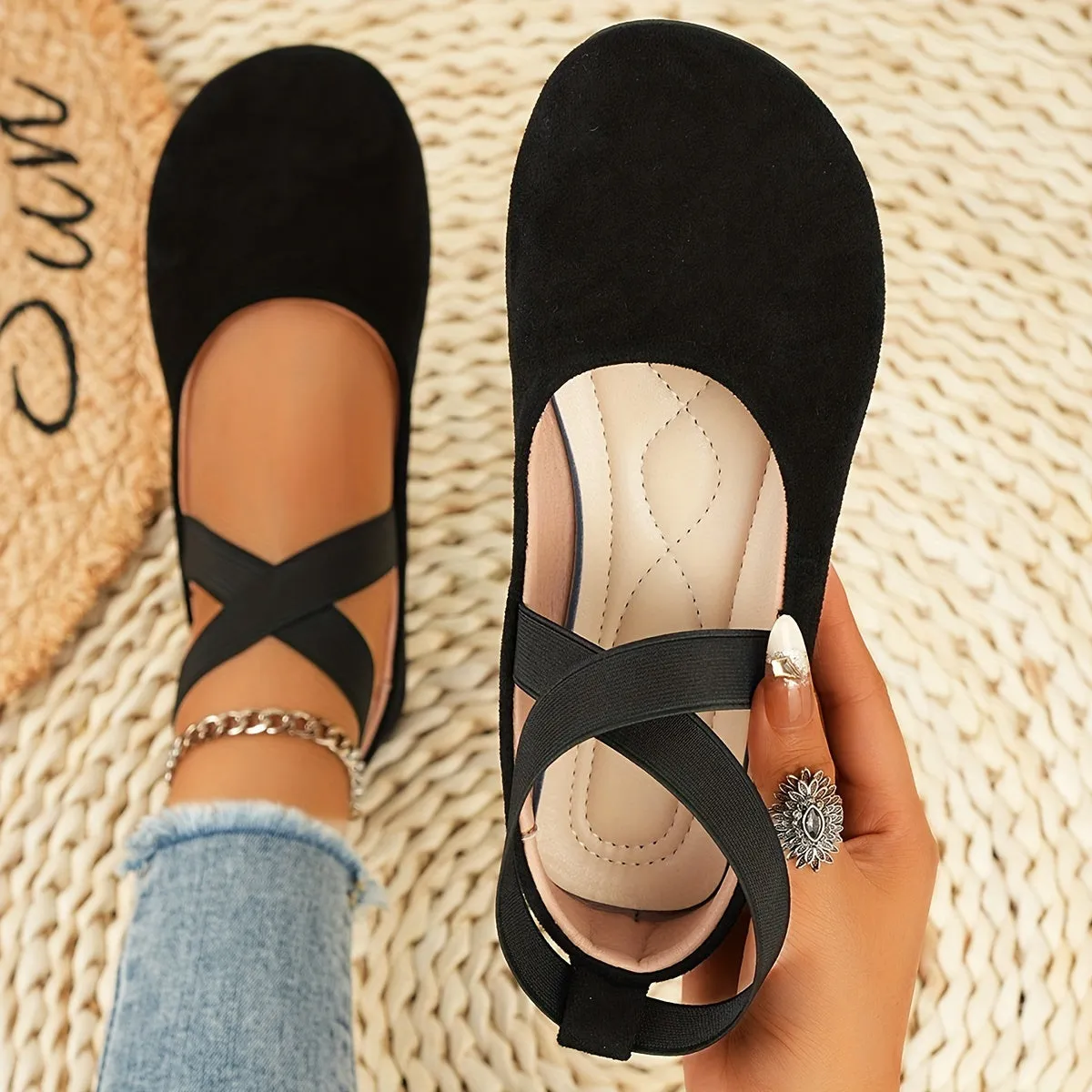 Lightweight Solid Color Ballet Flats - Round Toe Slip-On Shoes with Ankle Strap
