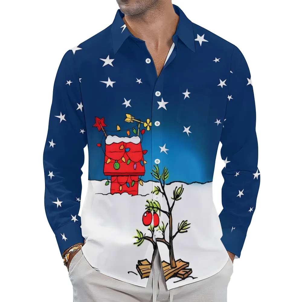 Men's Casual Cartoon Tree Printed Long Sleeve Shirt 2312000435