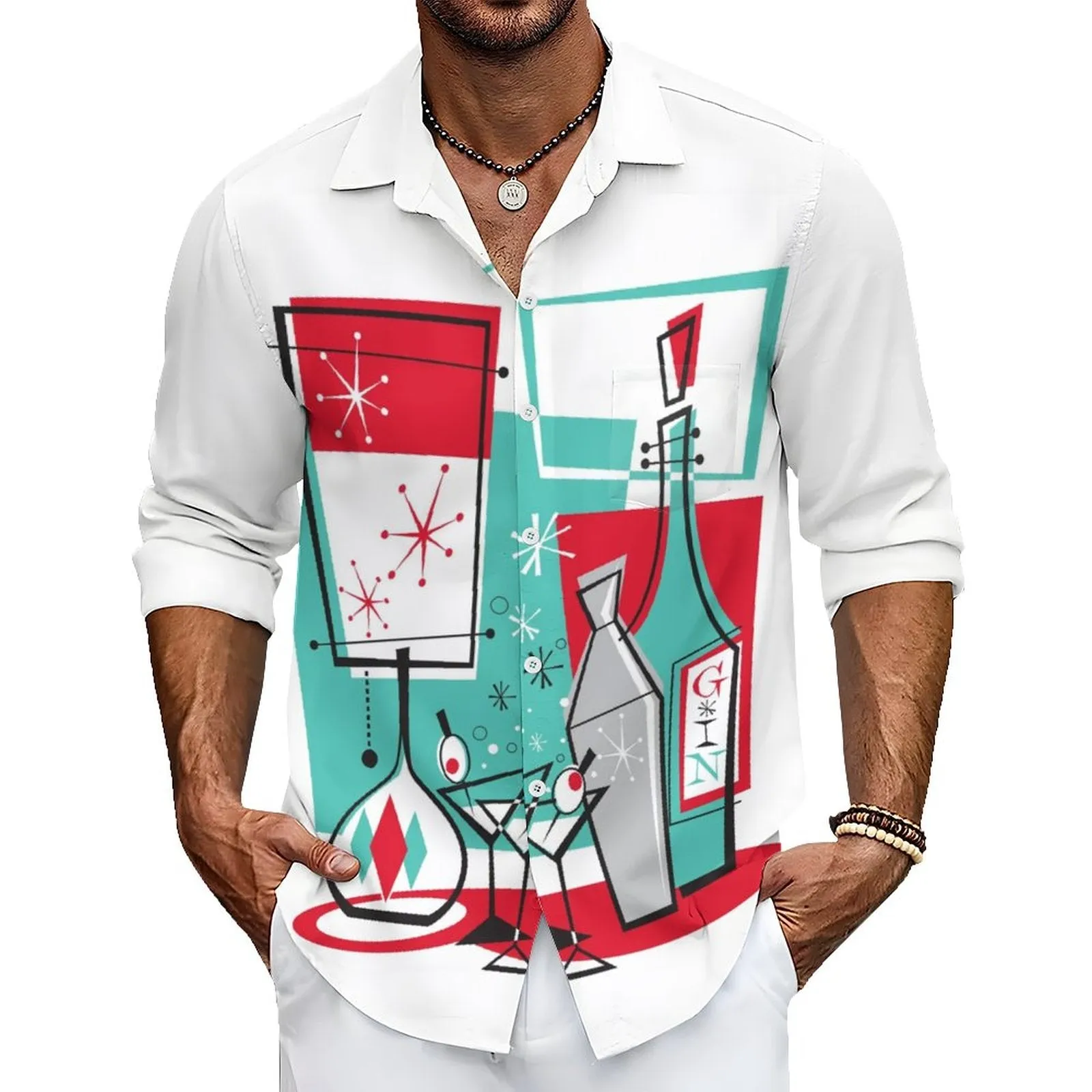 Men's Casual Cocktail Bottle Printed Long Sleeve Shirt 2312000272