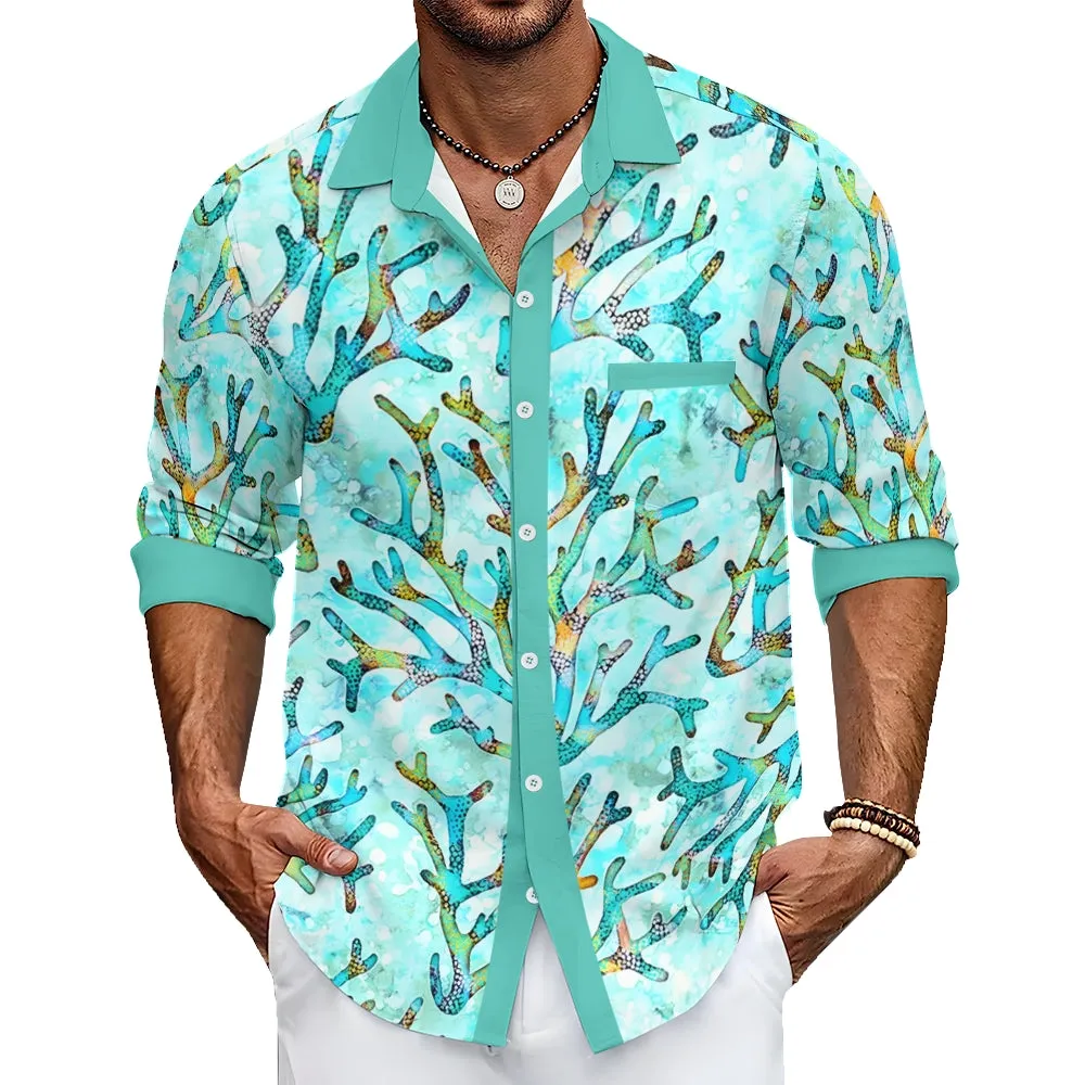 Men's Casual Coral Printed Long Sleeve Shirt 2403000597