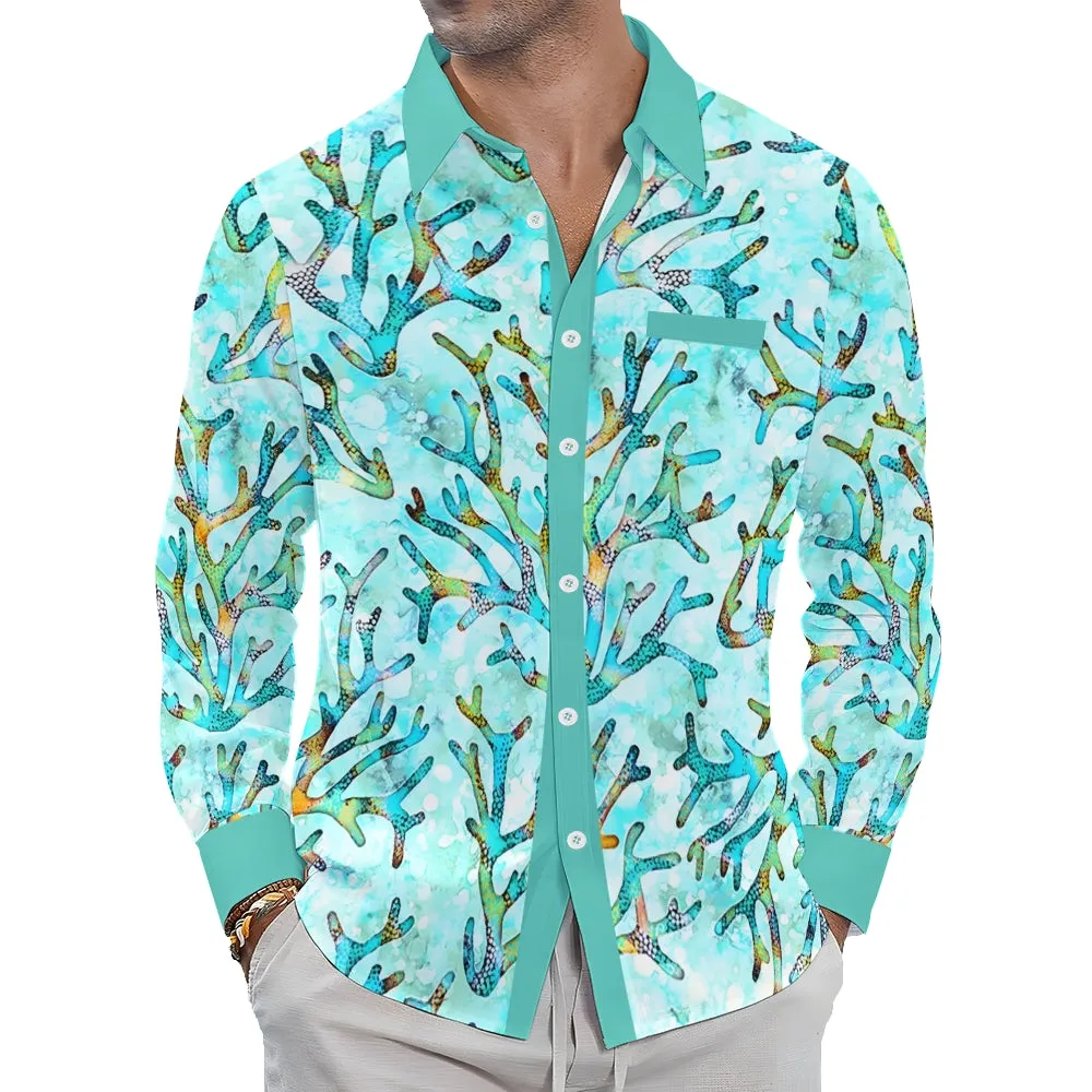 Men's Casual Coral Printed Long Sleeve Shirt 2403000597