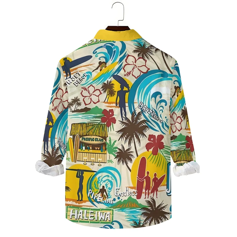Men's Casual Hawaiian Surf Printed Long Sleeve Shirt 2403000596