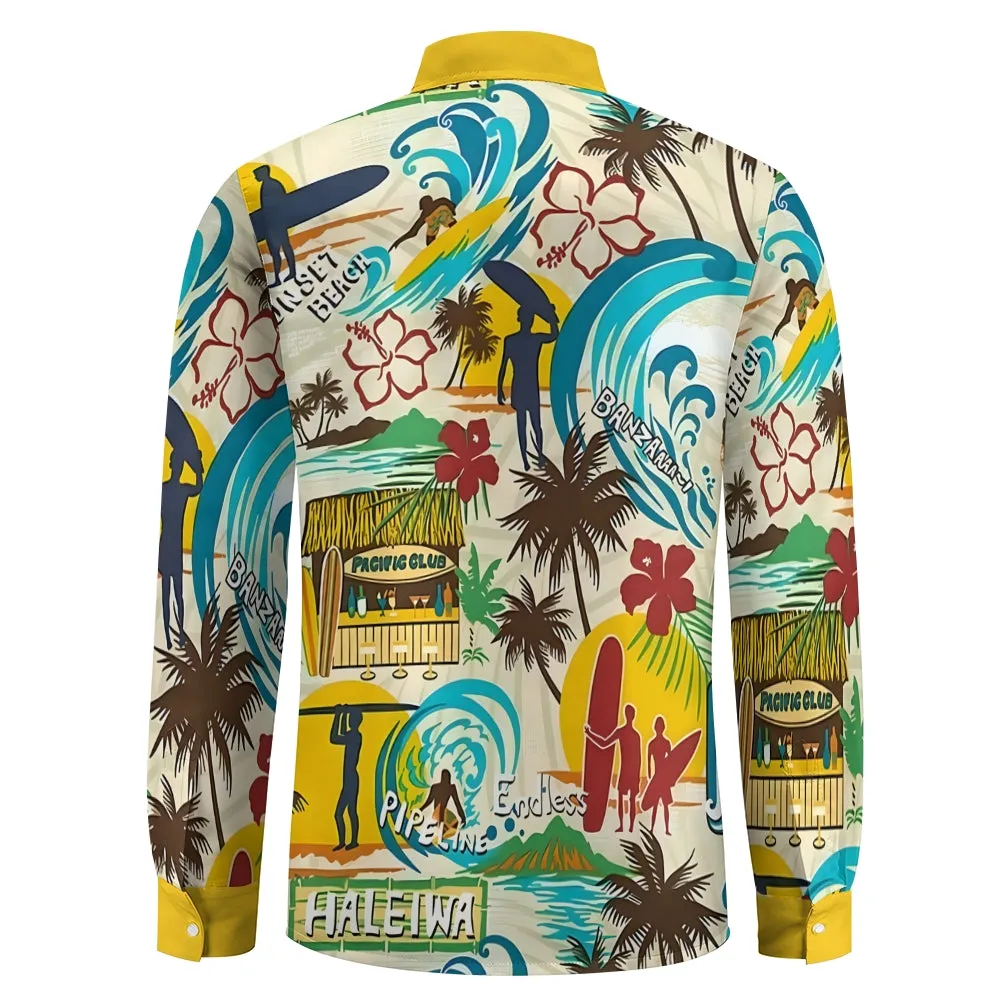 Men's Casual Hawaiian Surf Printed Long Sleeve Shirt 2403000596
