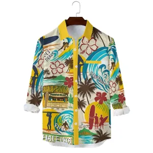 Men's Casual Hawaiian Surf Printed Long Sleeve Shirt 2403000596