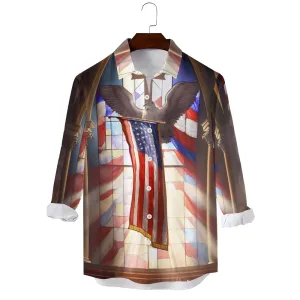 Men's Casual Peace Dove American FlagPrinted Long Sleeve Shirt 2411003433