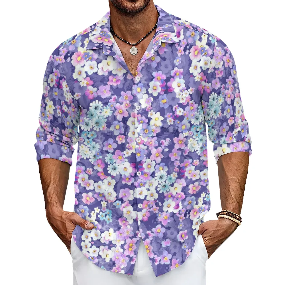 Men's Casual Small Purple Flowers Long Sleeve Shirt 2410004967