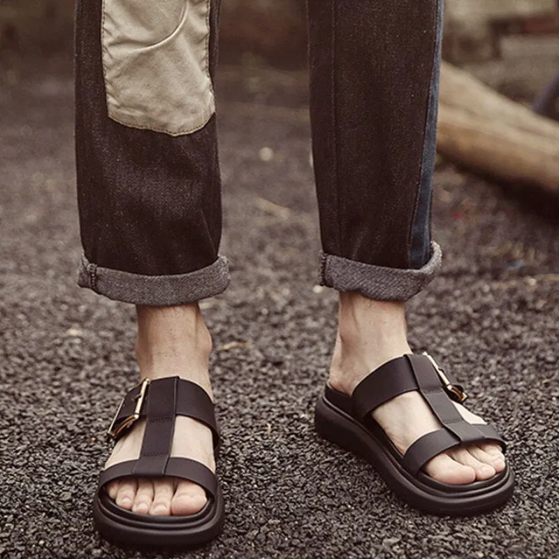 Mens Casual Streetwear Slip On High Quality Leather Beach Slippers