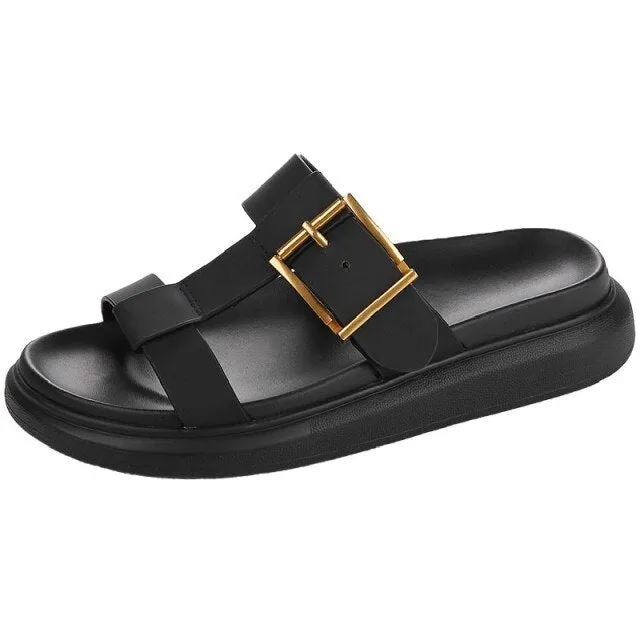 Mens Casual Streetwear Slip On High Quality Leather Beach Slippers