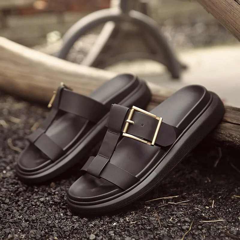 Mens Casual Streetwear Slip On High Quality Leather Beach Slippers