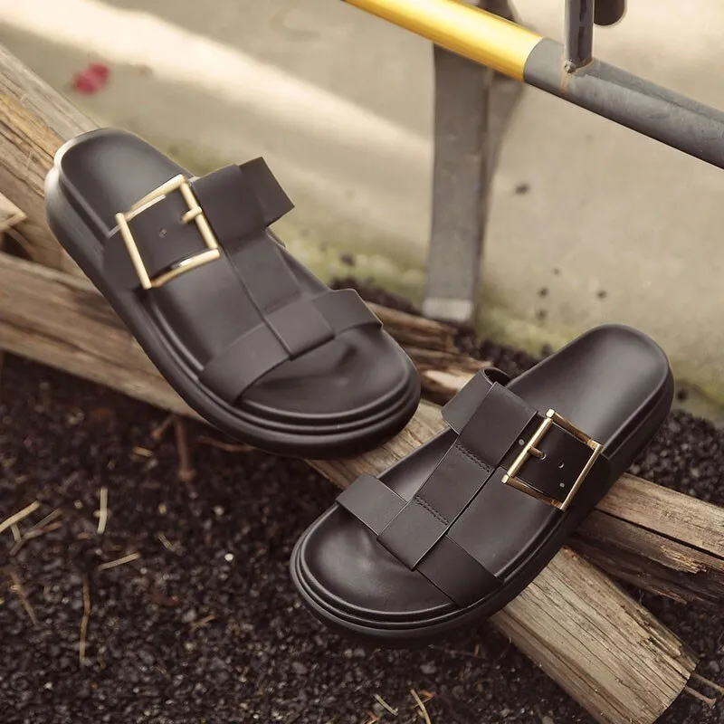Mens Casual Streetwear Slip On High Quality Leather Beach Slippers