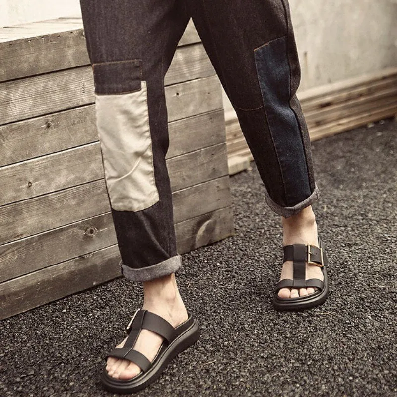 Mens Casual Streetwear Slip On High Quality Leather Beach Slippers