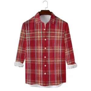 Men's Casual Vacation Red Plaid Printed Long Sleeve Shirt 2312000199